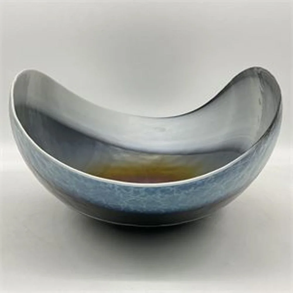 Murano Italy Art Glass Bowl Iridescent Swirl Centerpiece Blue Black Gold Wave